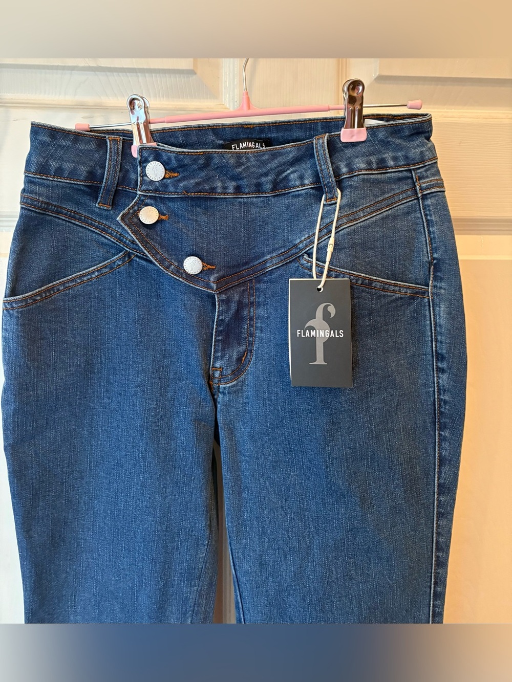 FLAMINGALS High-Rise Dark Blue Asymmetrical Button Jeans
